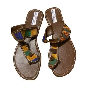 Alanzaro Fashion Hand Made in Ghana Kente Thong Sandals Brown Size 38 US 7.5